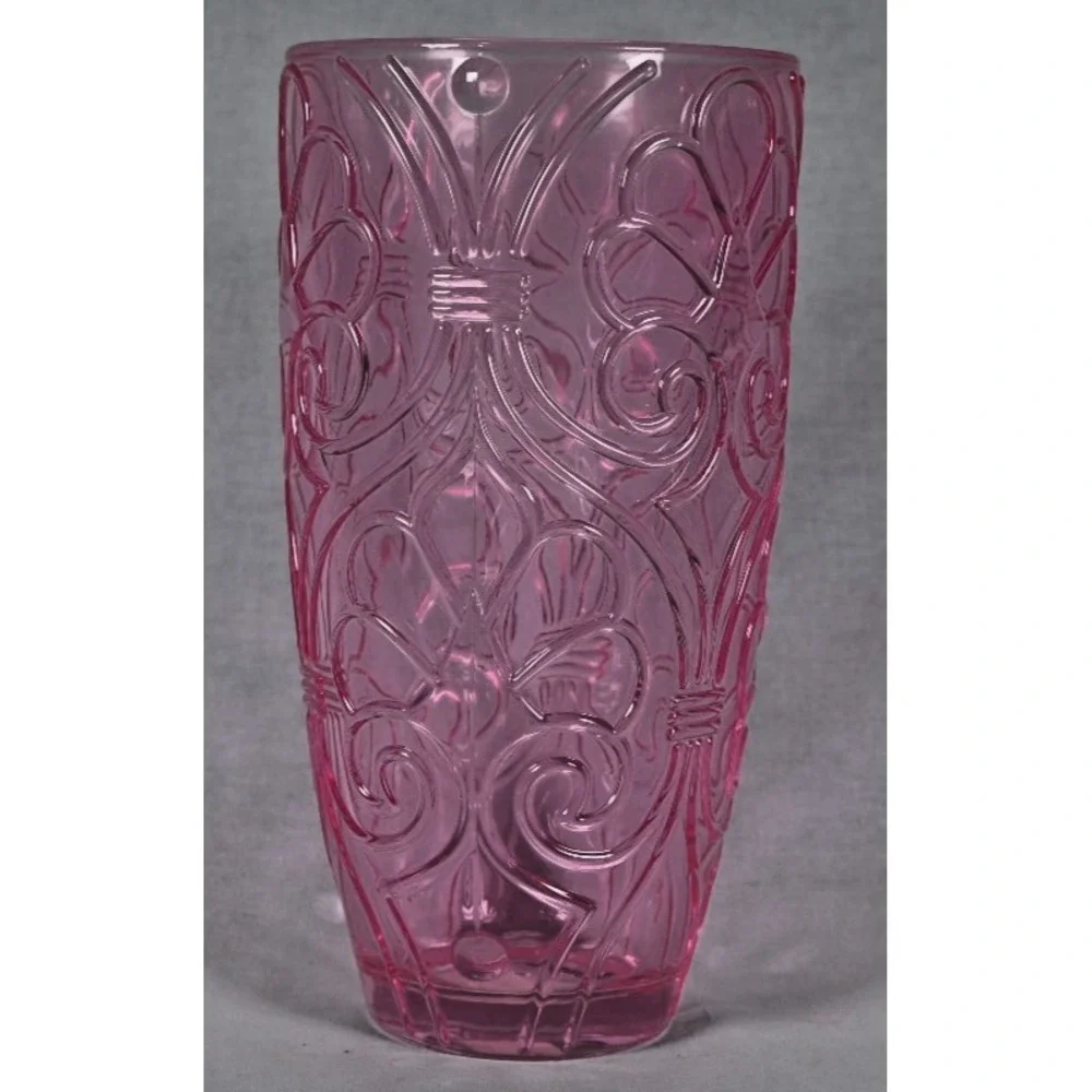 Sweet Heart Medley Pink Pressed Glass Vase Heavy Embossed Flowers 8.5